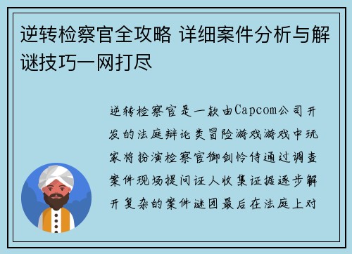 逆转检察官全攻略 详细案件分析与解谜技巧一网打尽